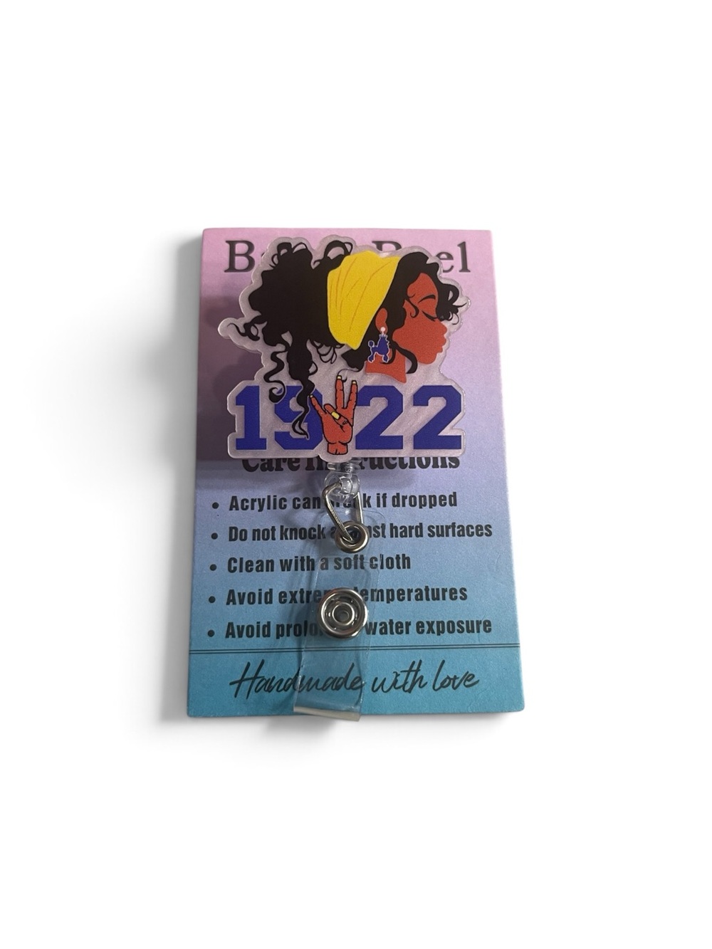 Sigm Gamma Rho 1922 Pink to Blue Ombre Badge Reel with Yellow Headwrap Accent